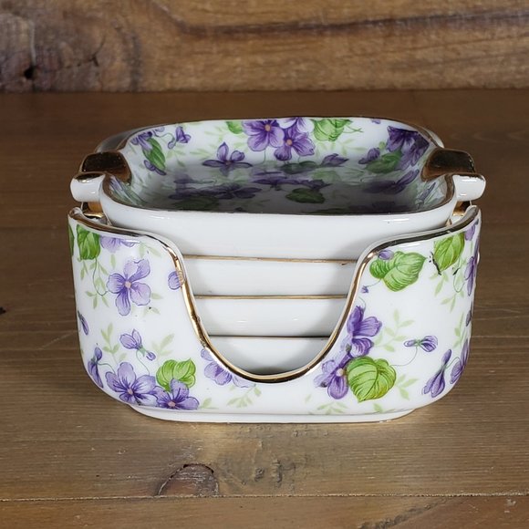 Vintage Lefton China Ashtray Set Violet Chintz Gold Trim Trinket Floral - Picture 1 of 14